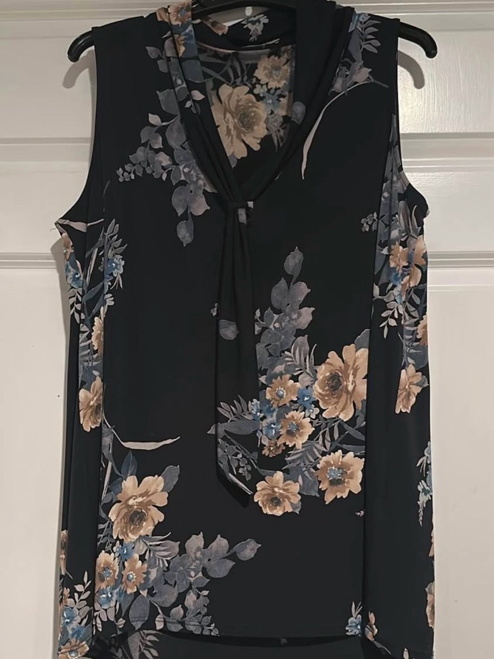 STITCH FIX Sleeveless Floral Tie-Neck Top - Black with Beige & Blue Floral